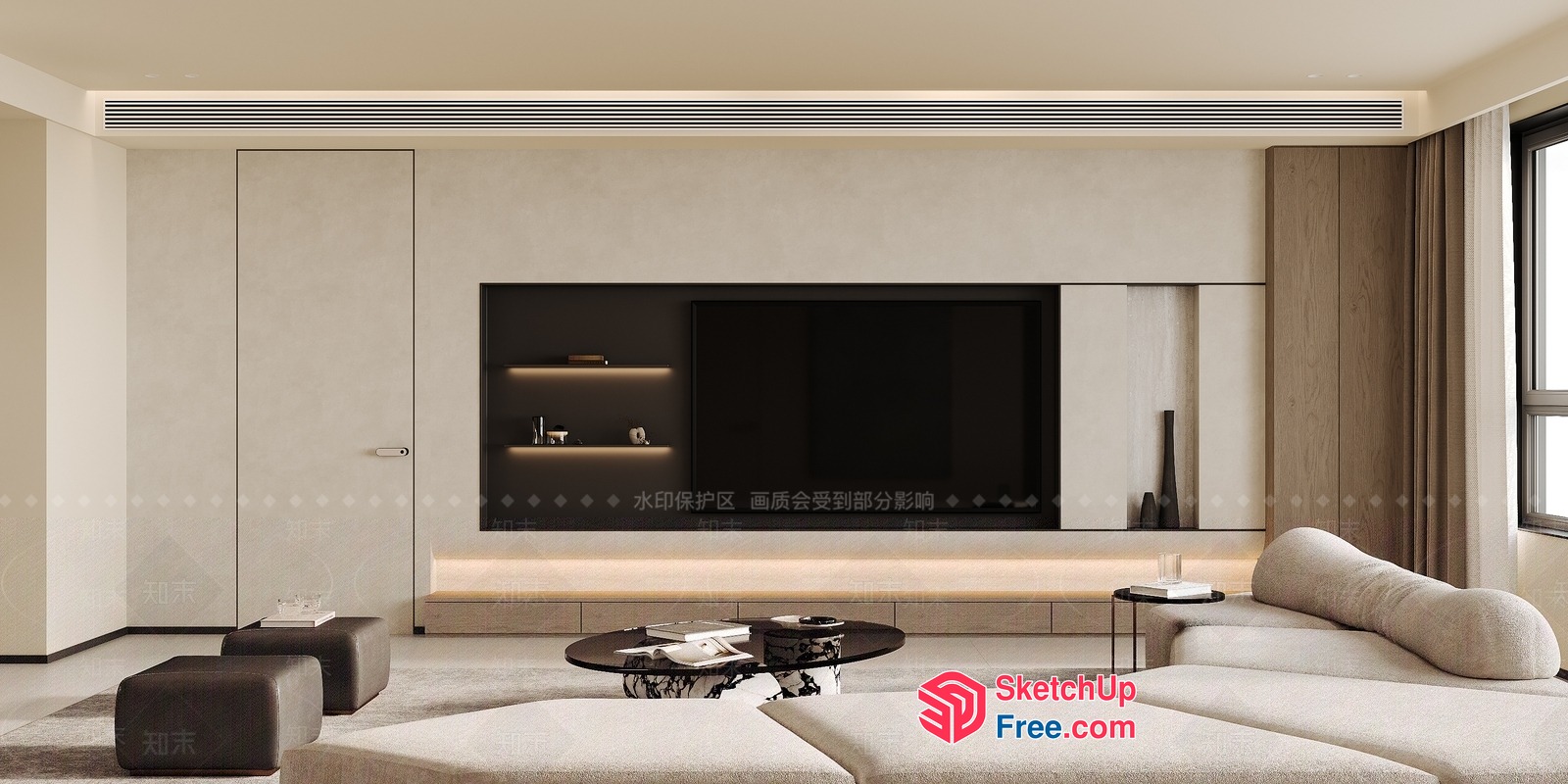 Modern Minimalist Living Room With Creamy Style And Pillar 3D SketchUp File