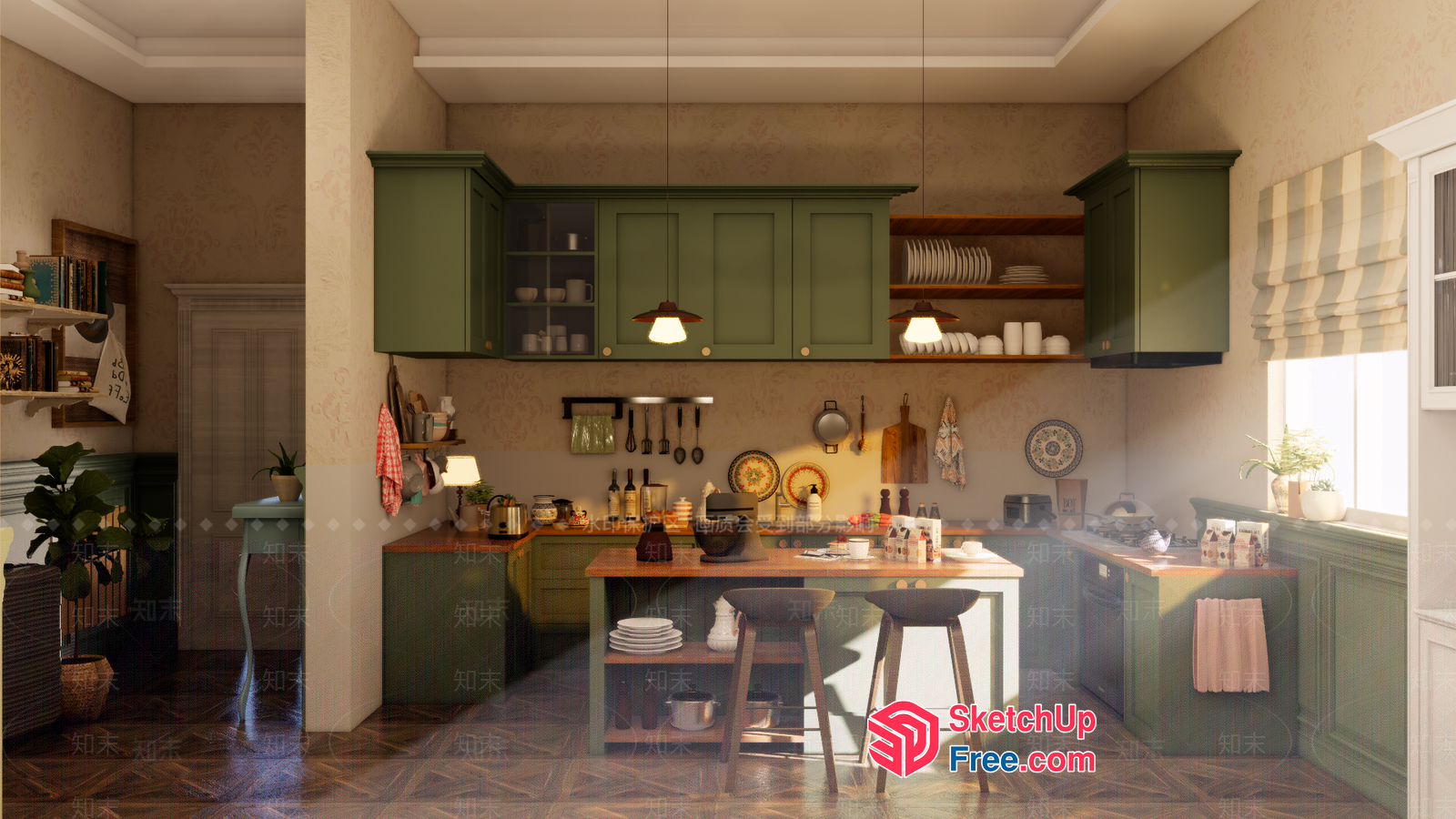Cozy Kitchen With Green Cabinets And Wooden Accents 3D SketchUp File