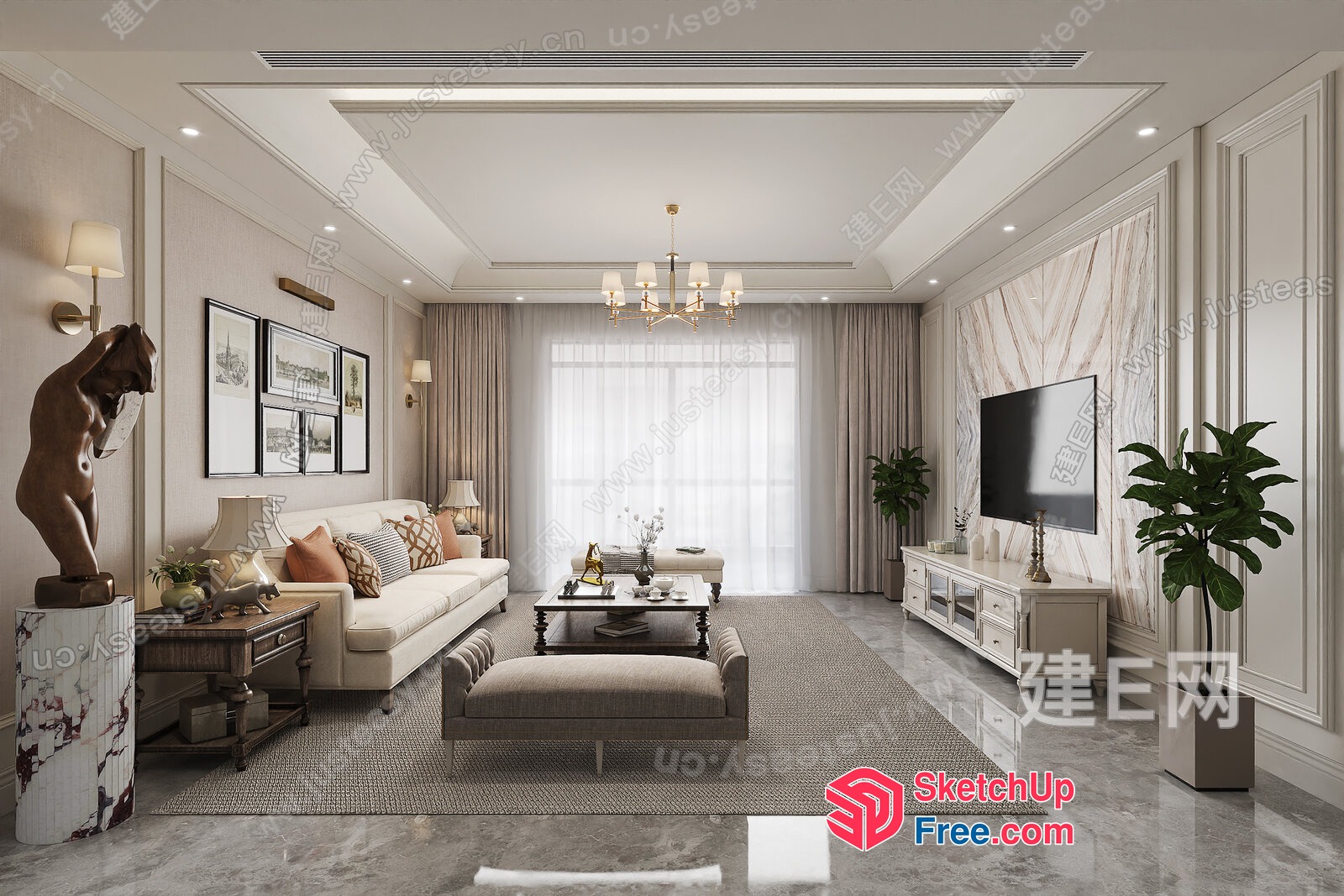 Elegant Living Room With Creamy Style Furniture 3D SketchUp File