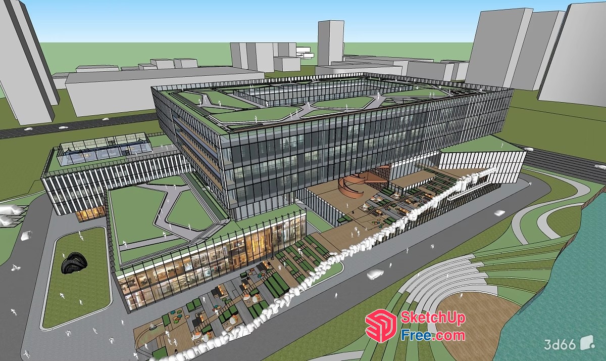 Modern Office Building With Glass Curtain Wall And Green Roof 3D SketchUp File