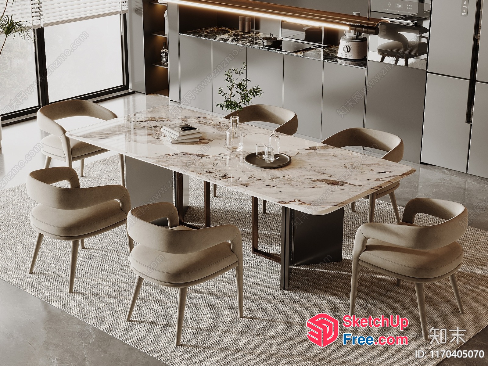 Modern Dining Room With Marble Table And Beige Chairs 3D SketchUp File