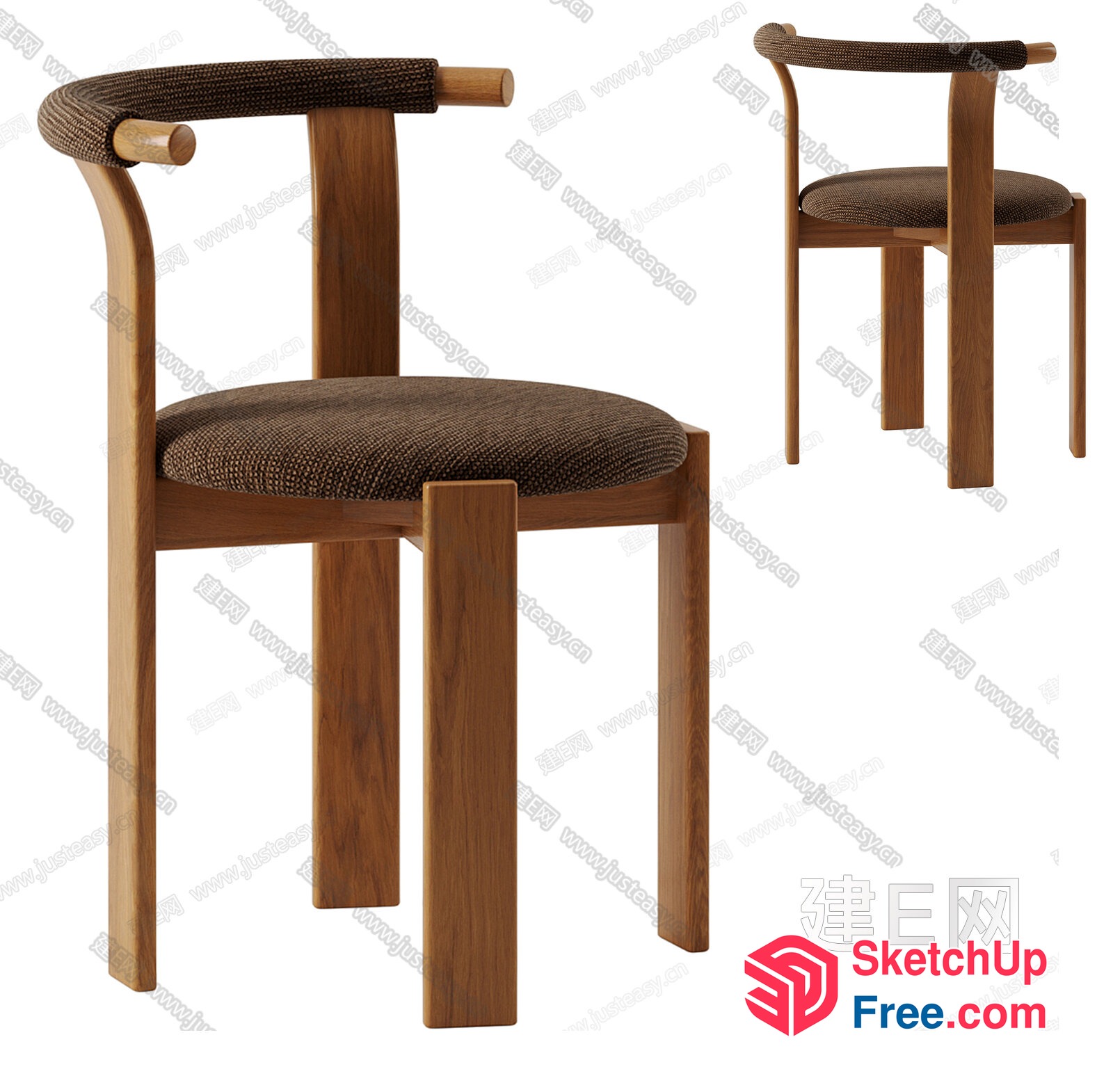 Modern Wooden Chair With Curved Backrest And Cushioned Seat 3D SketchUp File
