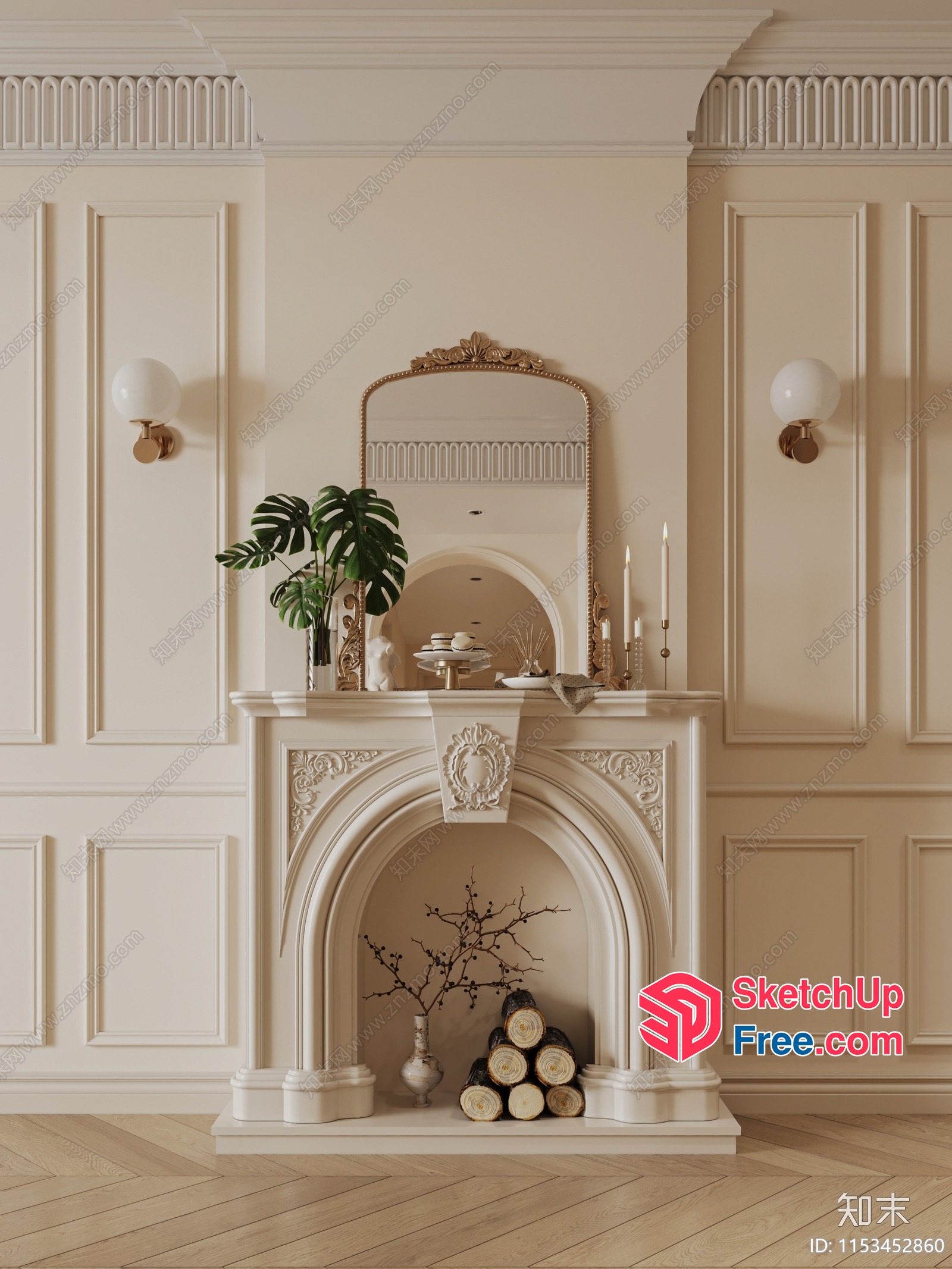 Classic White Fireplace With Elegant Mantel And Mirror 3D SketchUp File