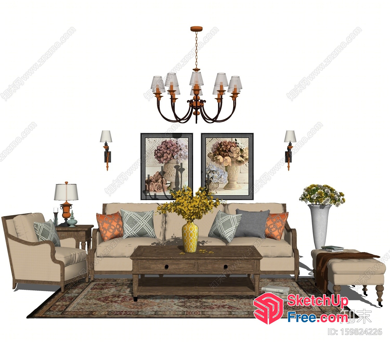 Elegant Living Room With Creamy Style Furniture And Decor 3D SketchUp File