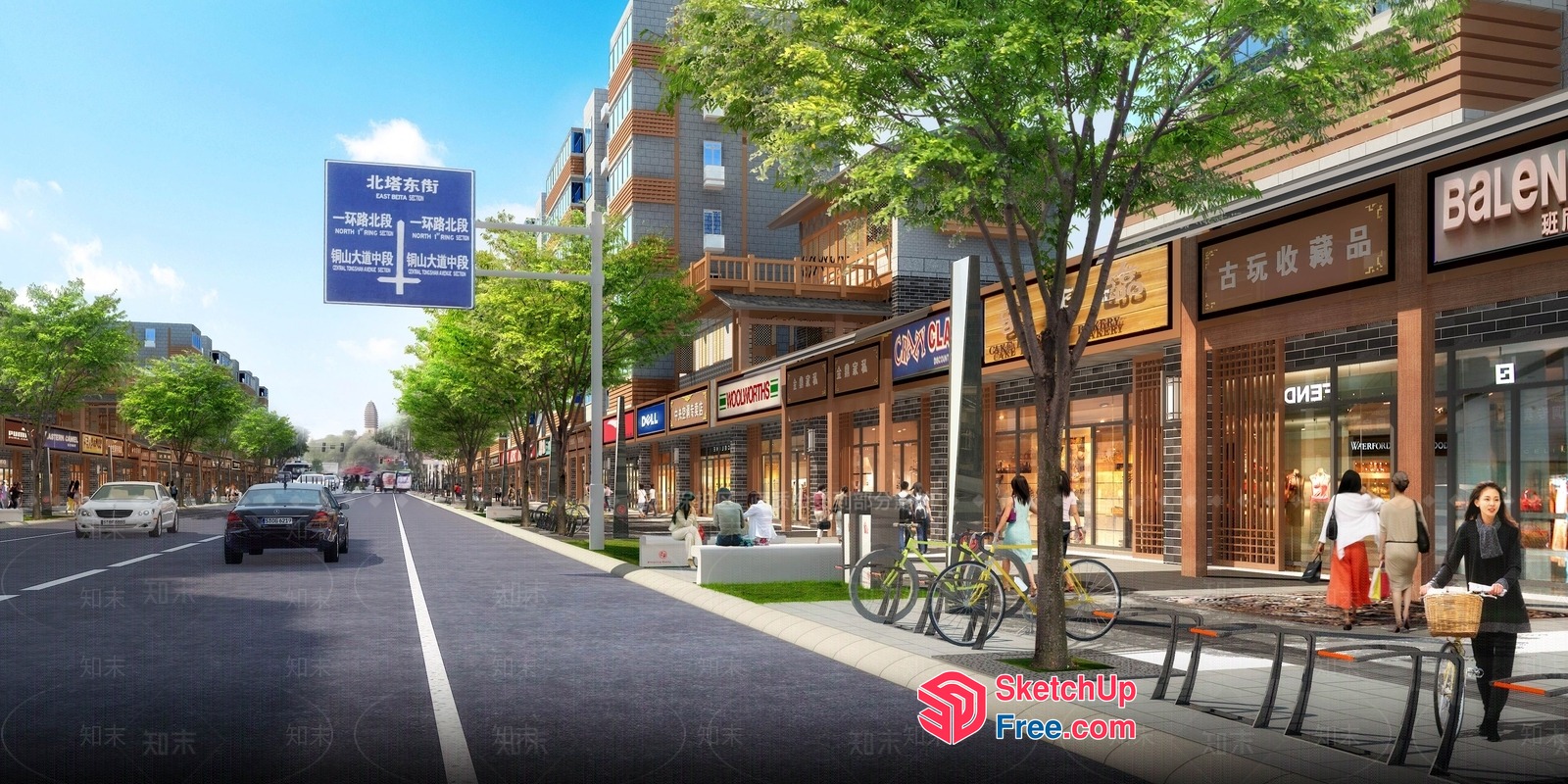 Modern Commercial Street With Balconies And Street Furniture 3D SketchUp File