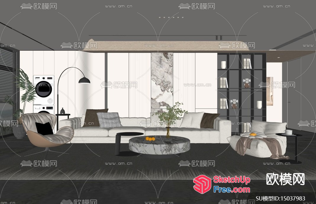 Modern Living Room With White Sofa And Marble Coffee Table 3D SketchUp File