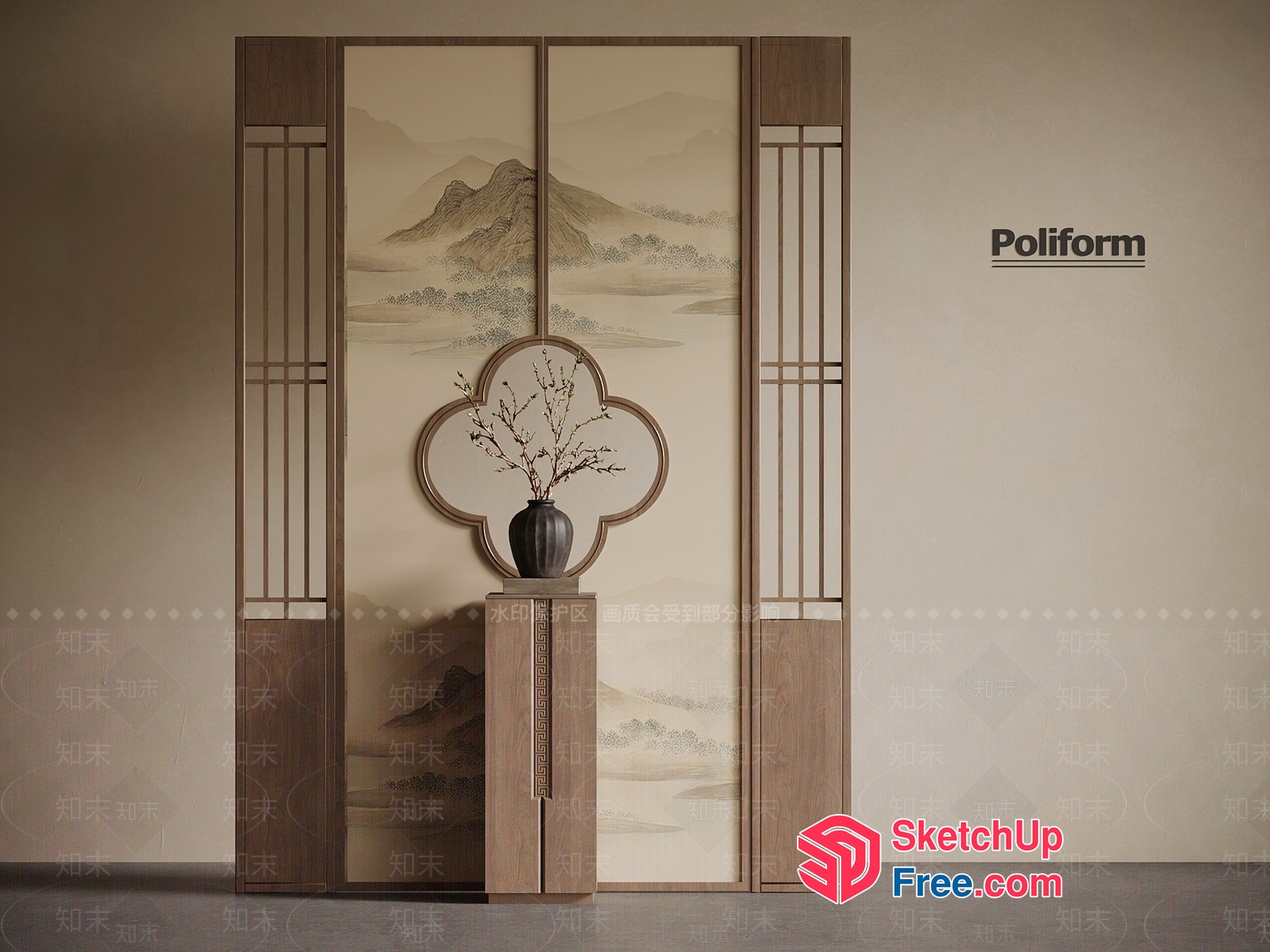 Elegant Japanese-Style Room Divider With Vase 3D SketchUp File