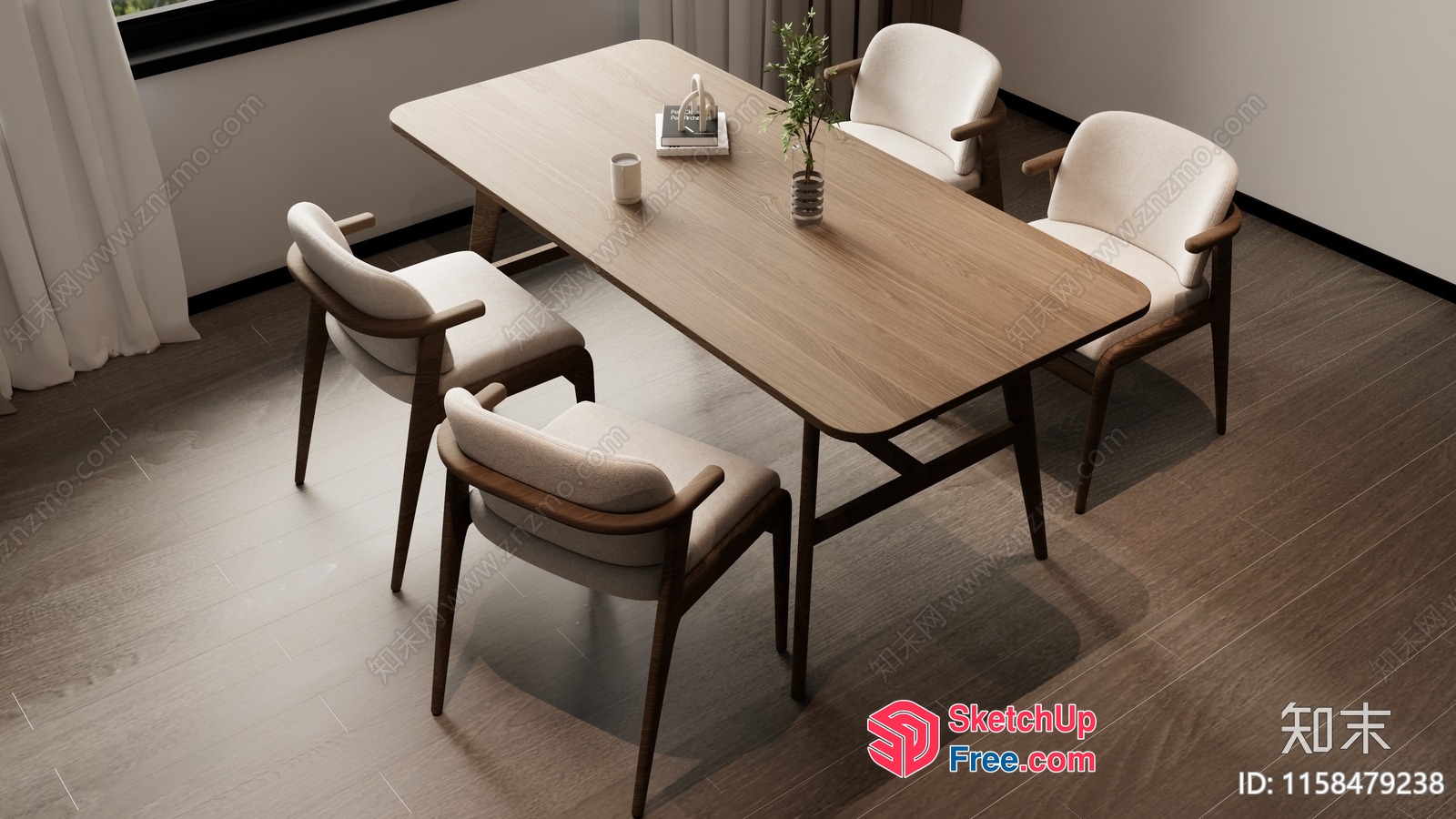 Modern Dining Room With Wooden Table And Chairs 3D SketchUp File