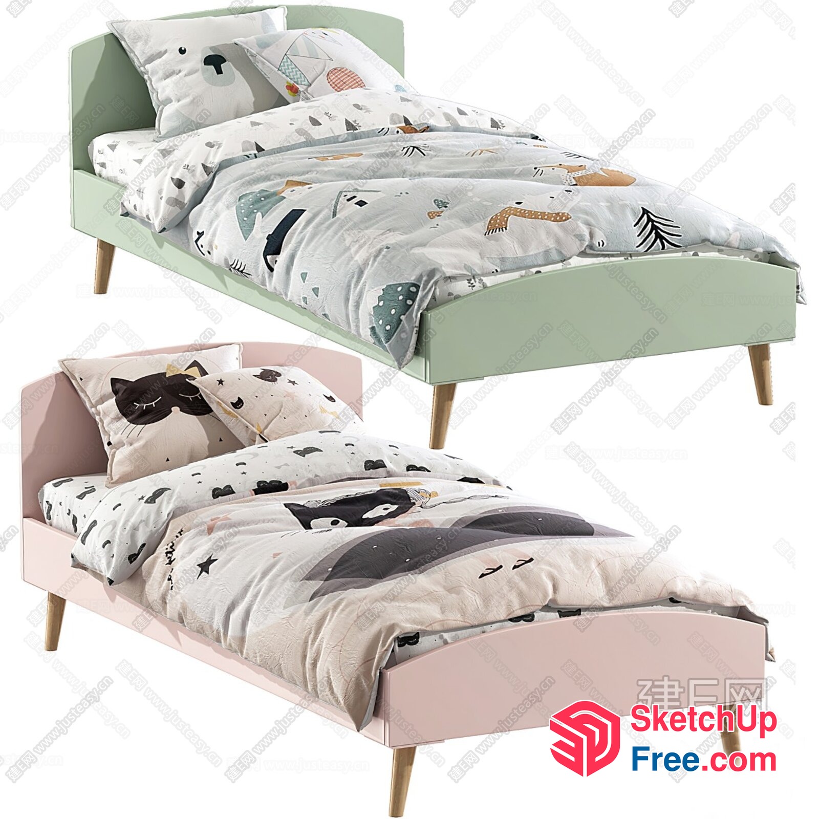 Pastel-Colored Twin Beds With Whimsical Animal-Themed Bedding 3D SketchUp File