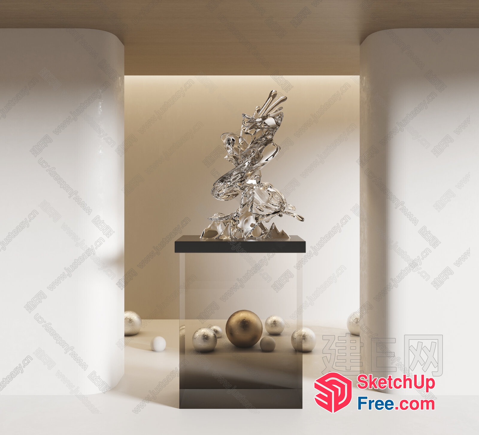 Modern Glass Sculpture Displayed On A Black And Clear Platform 3D SketchUp File