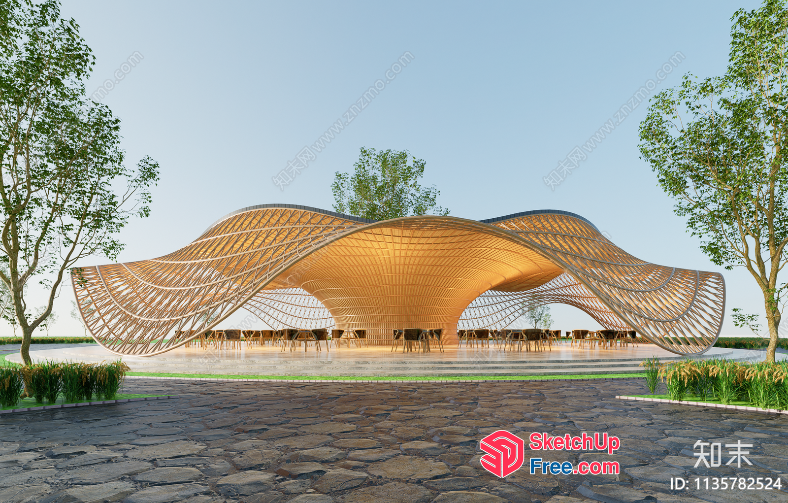 Exterior Pavilion Design With Wavy Roof And Natural Materials 3D SketchUp File