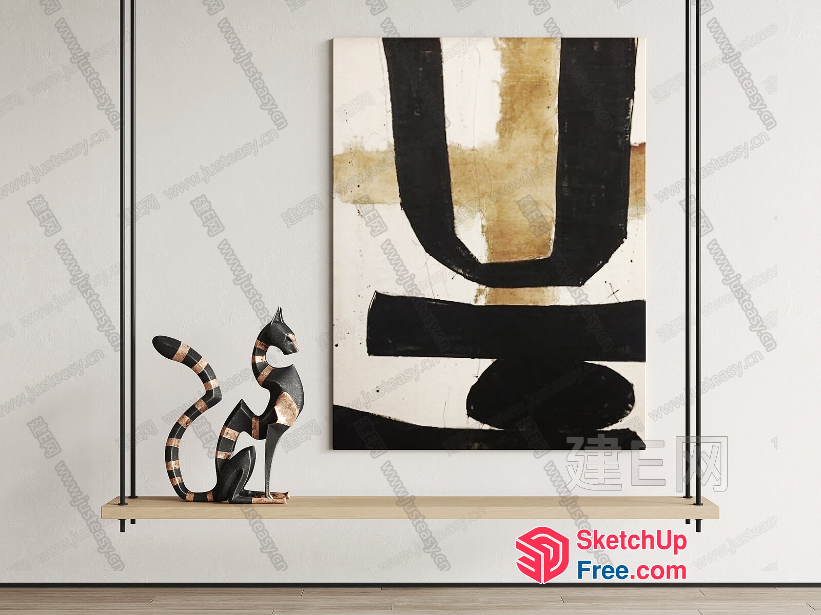 Modern Artistic Abstract Painting With Sculpture Of A Cat 3D SketchUp File