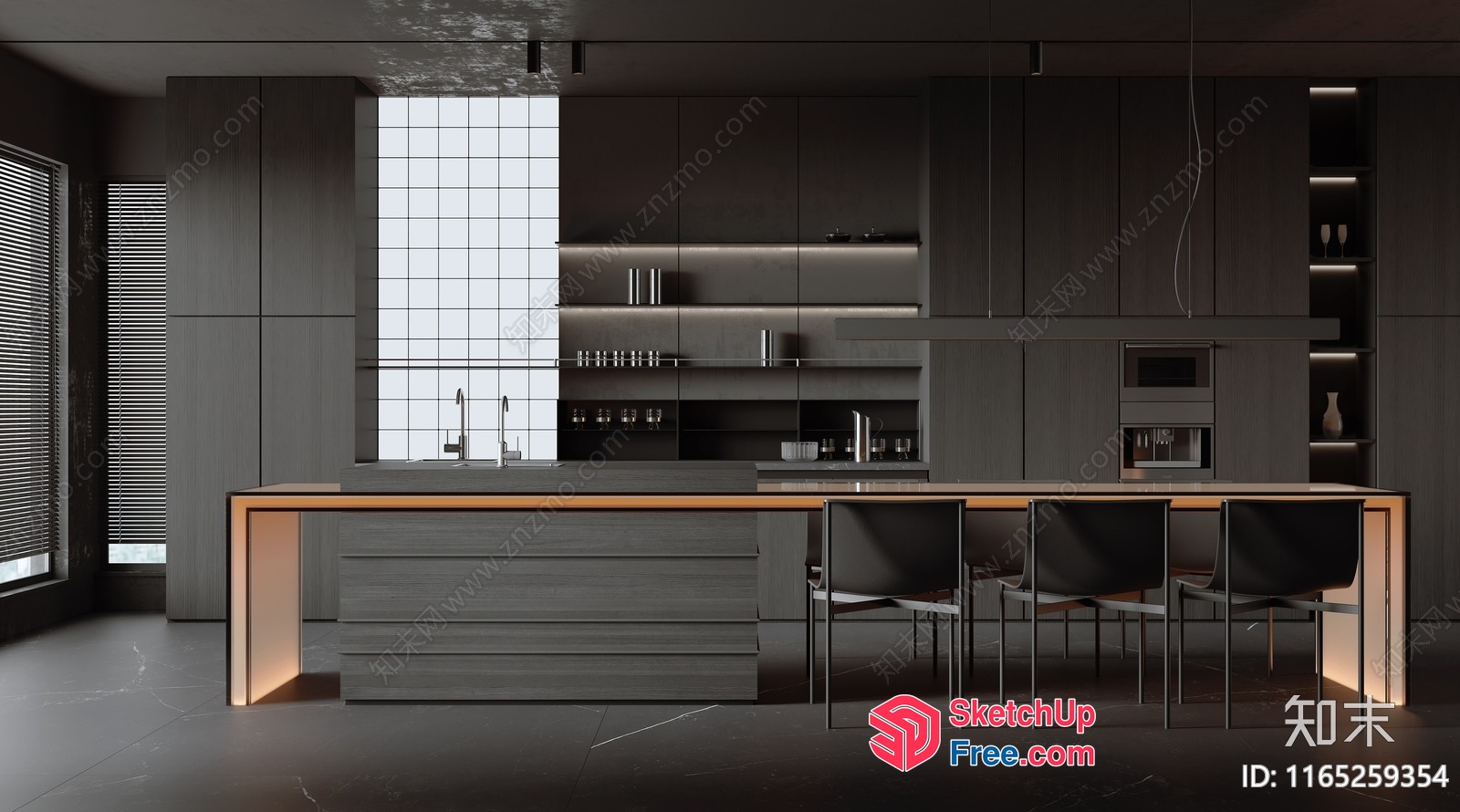 Modern Dark Kitchen With Sleek Counter And Chairs 3D SketchUp File