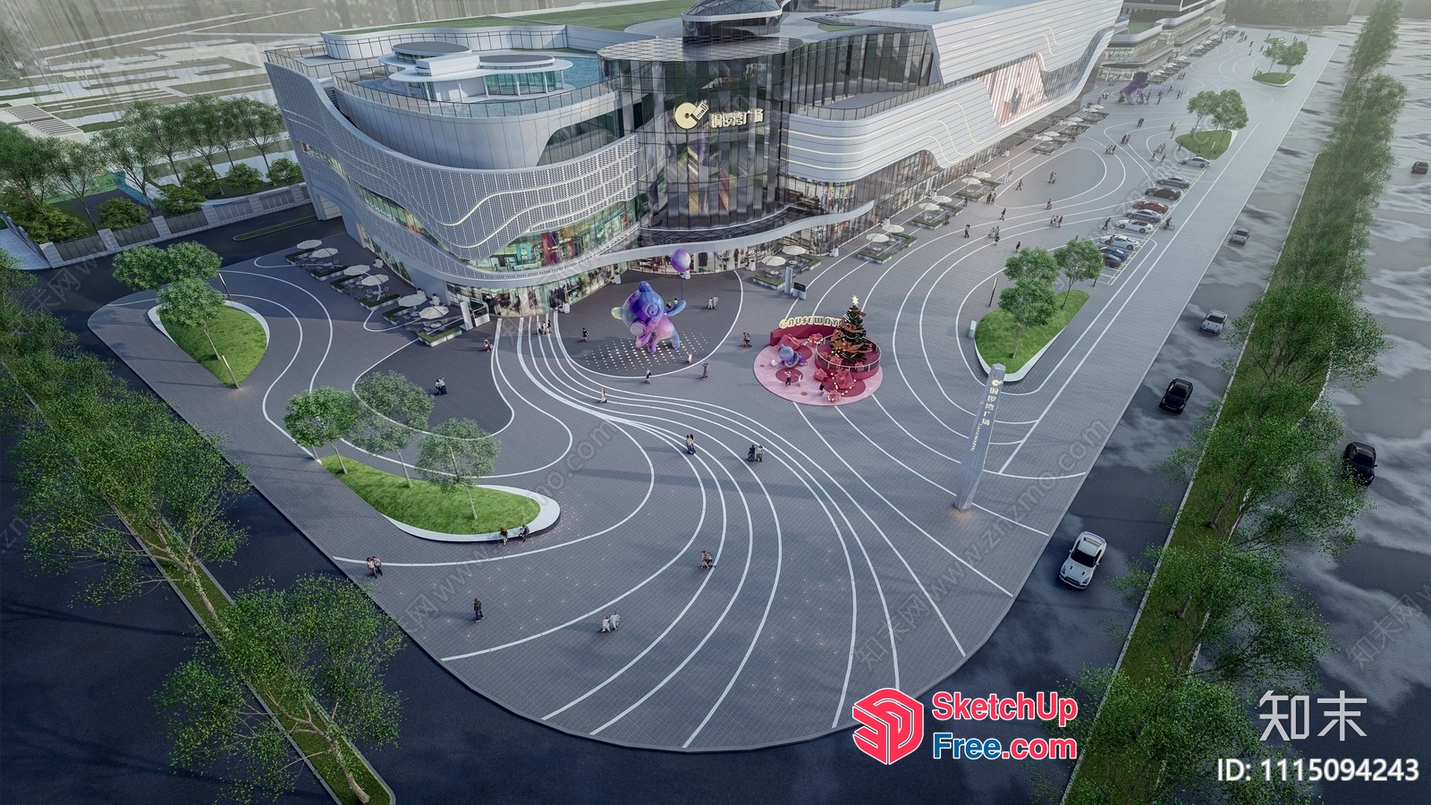Modern Commercial Street With Glass Curtain Wall And Railing 3D SketchUp File
