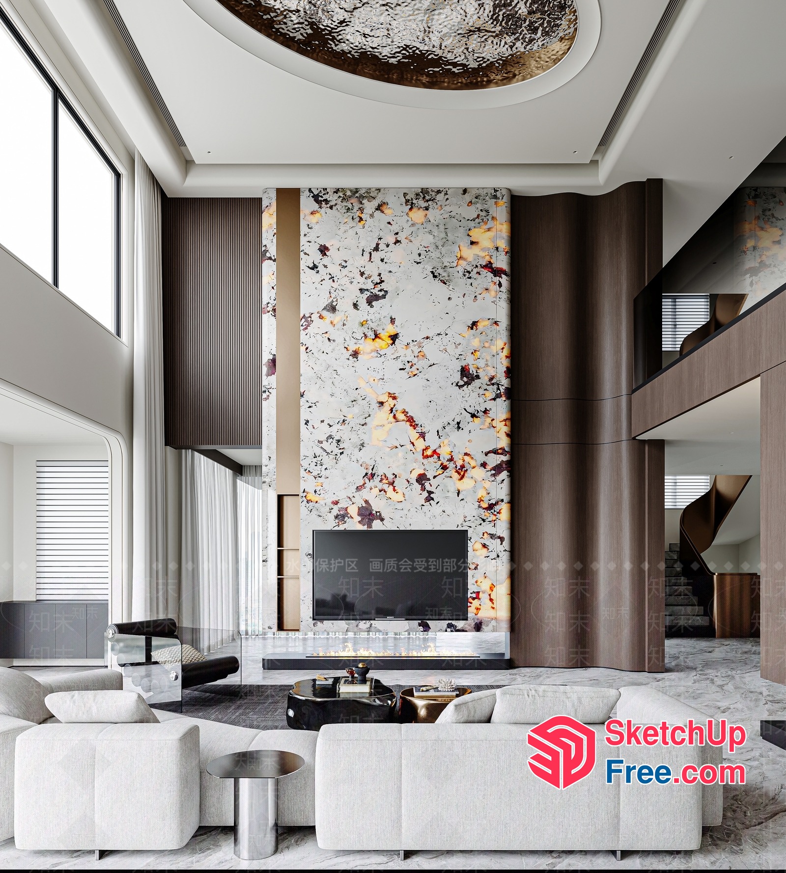 Modern High-End Living Room With Marble Fireplace 3D SketchUp File