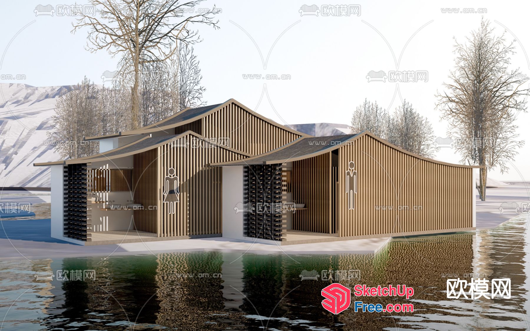 Modern Villa Exterior Design With Wood Accents And Water Feature 3D SketchUp File