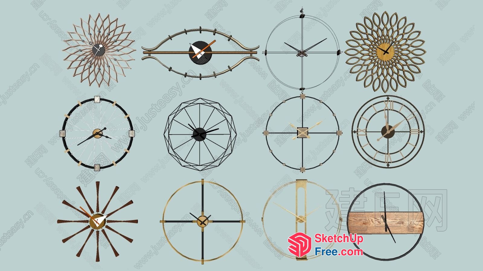 Modern Wall Clocks With Geometric And Floral Designs 3D SketchUp File