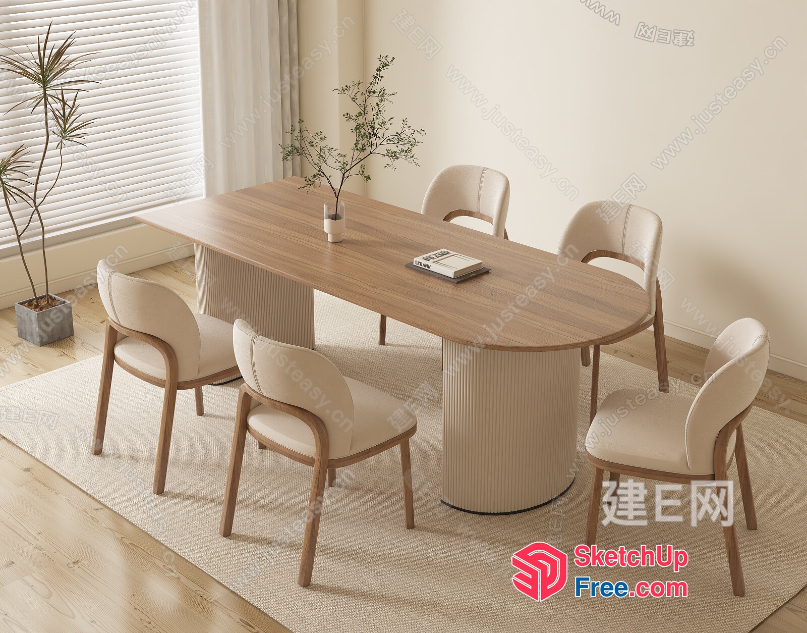 Elegant Dining Room With Wood Table And Cream-Colored Chairs 3D SketchUp File