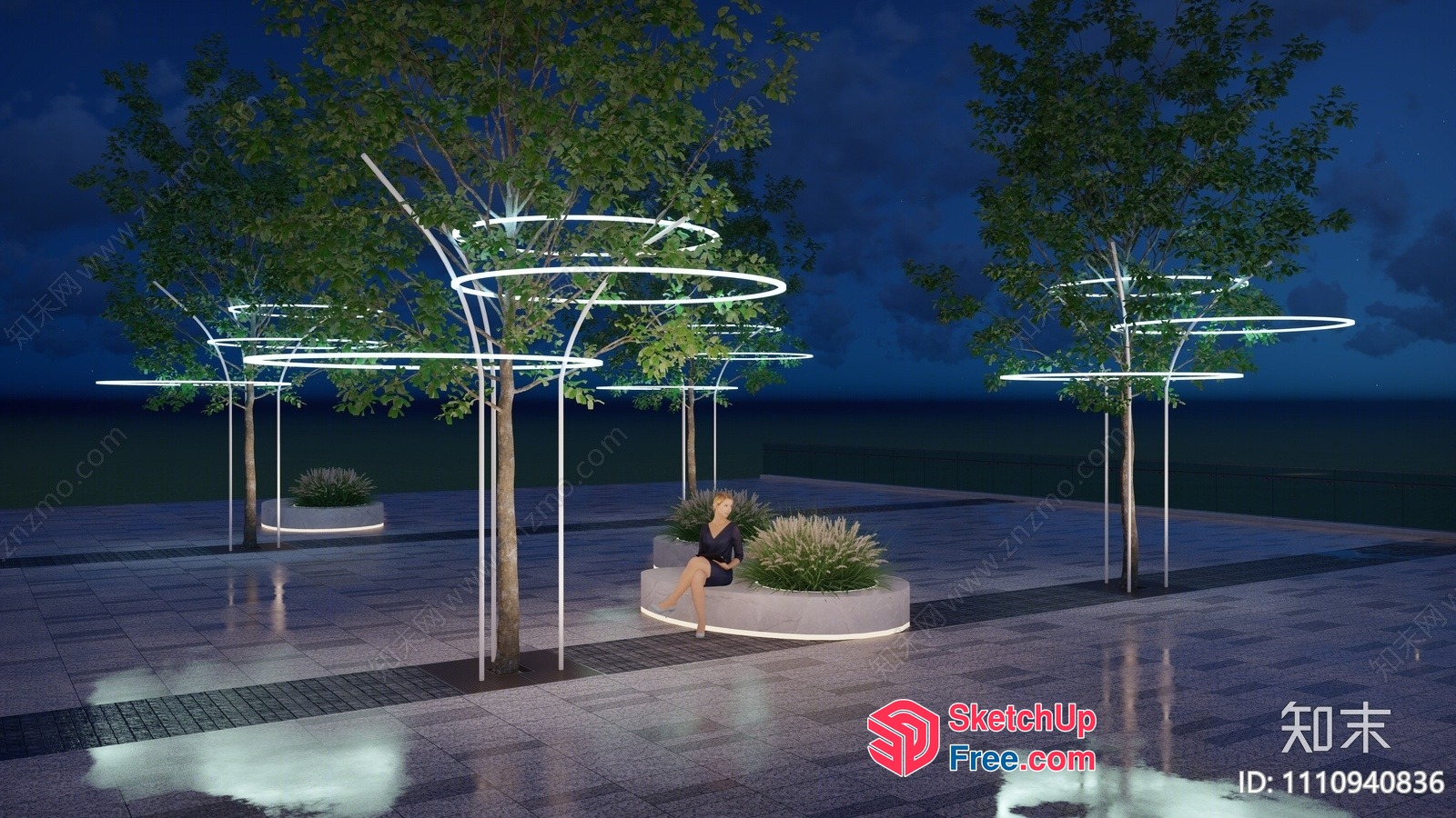 Modern Outdoor Seating Area With Tree Planters And Lighting 3D SketchUp File