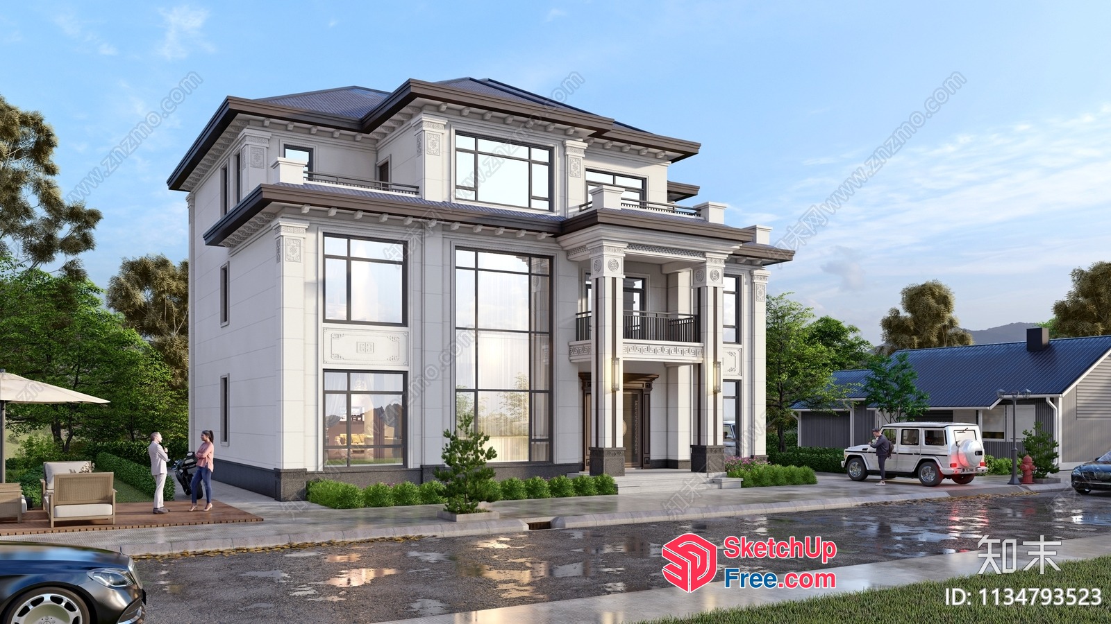 Classic Villa Exterior With Elegant Pillars And Glass Curtain Wall 3D SketchUp File