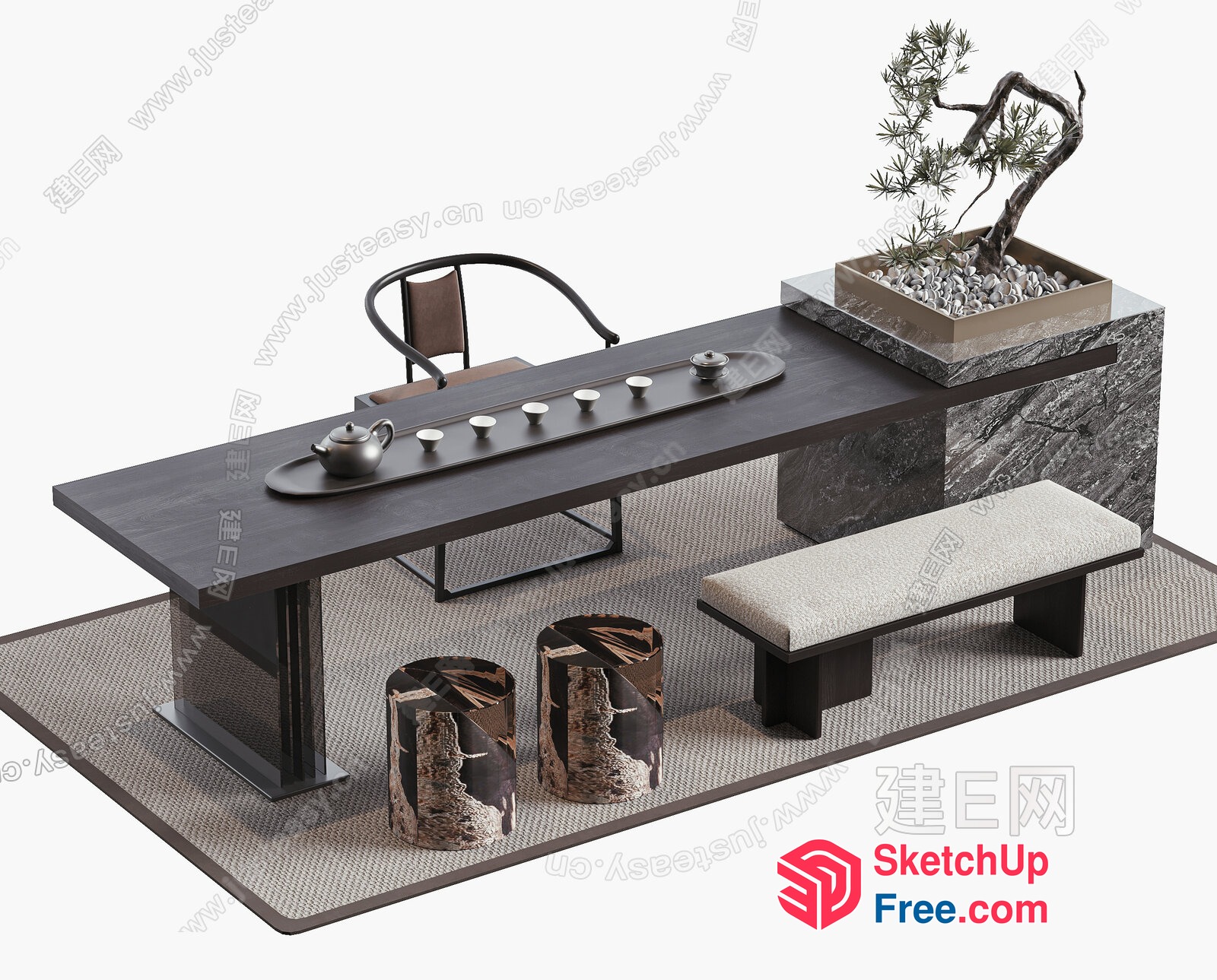 Asian-Inspired Modern Decorative Teahouse Setting 3D SketchUp File
