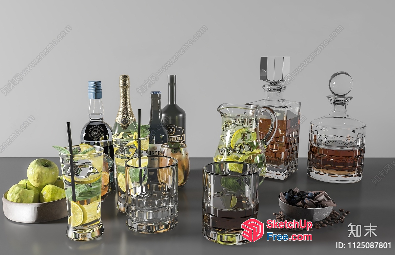 Whiskey Bar Decorative Glasses And Bottles 3D SketchUp File