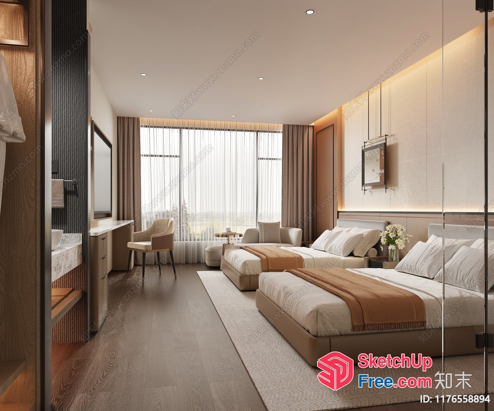 Elegant Minimalist Japanese Style Bedroom Interior 3D SketchUp File