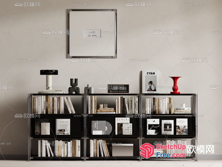 Modern Bookcase With Black Shelves And Decorative Items 3D SketchUp File