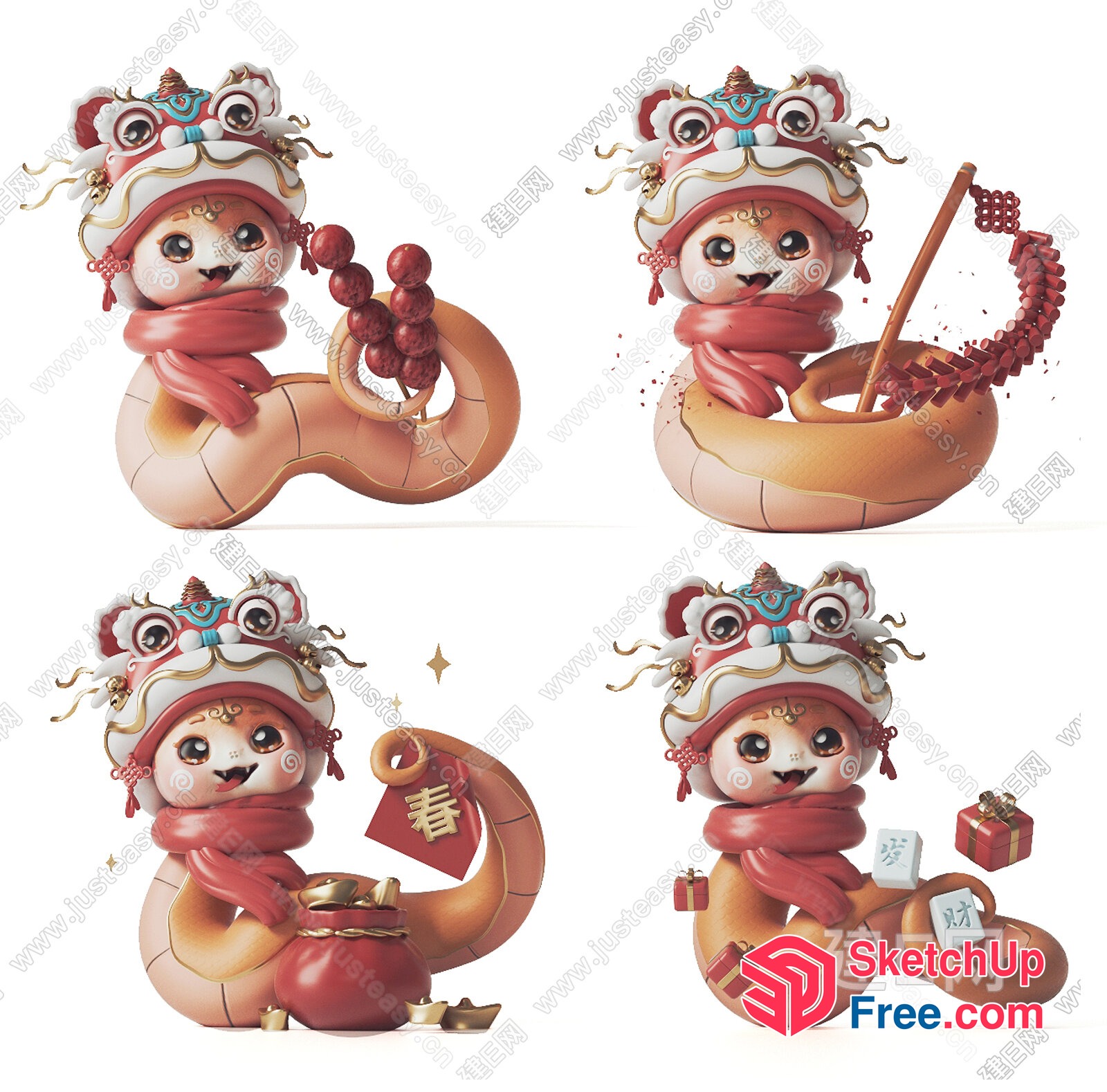 Cute Oriental Animal Characters In Red And Gold 3D SketchUp File