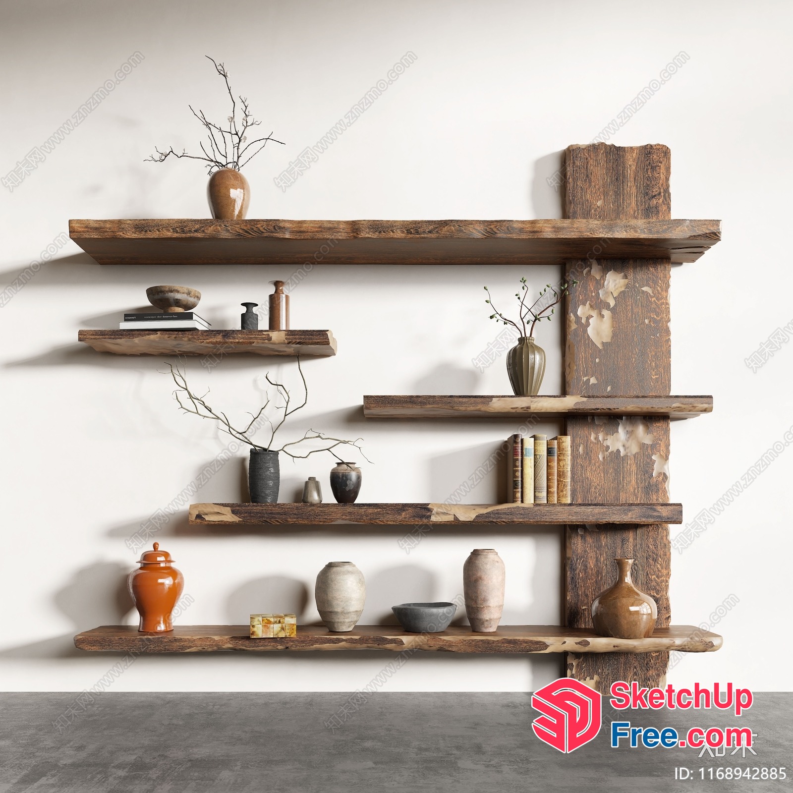 Rustic Wood Shelving Unit With Decorative Items 3D SketchUp File