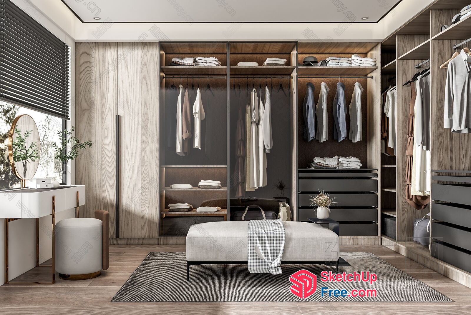 Modern Minimalist Walk-In Closet With Built-In Storage 3D SketchUp File