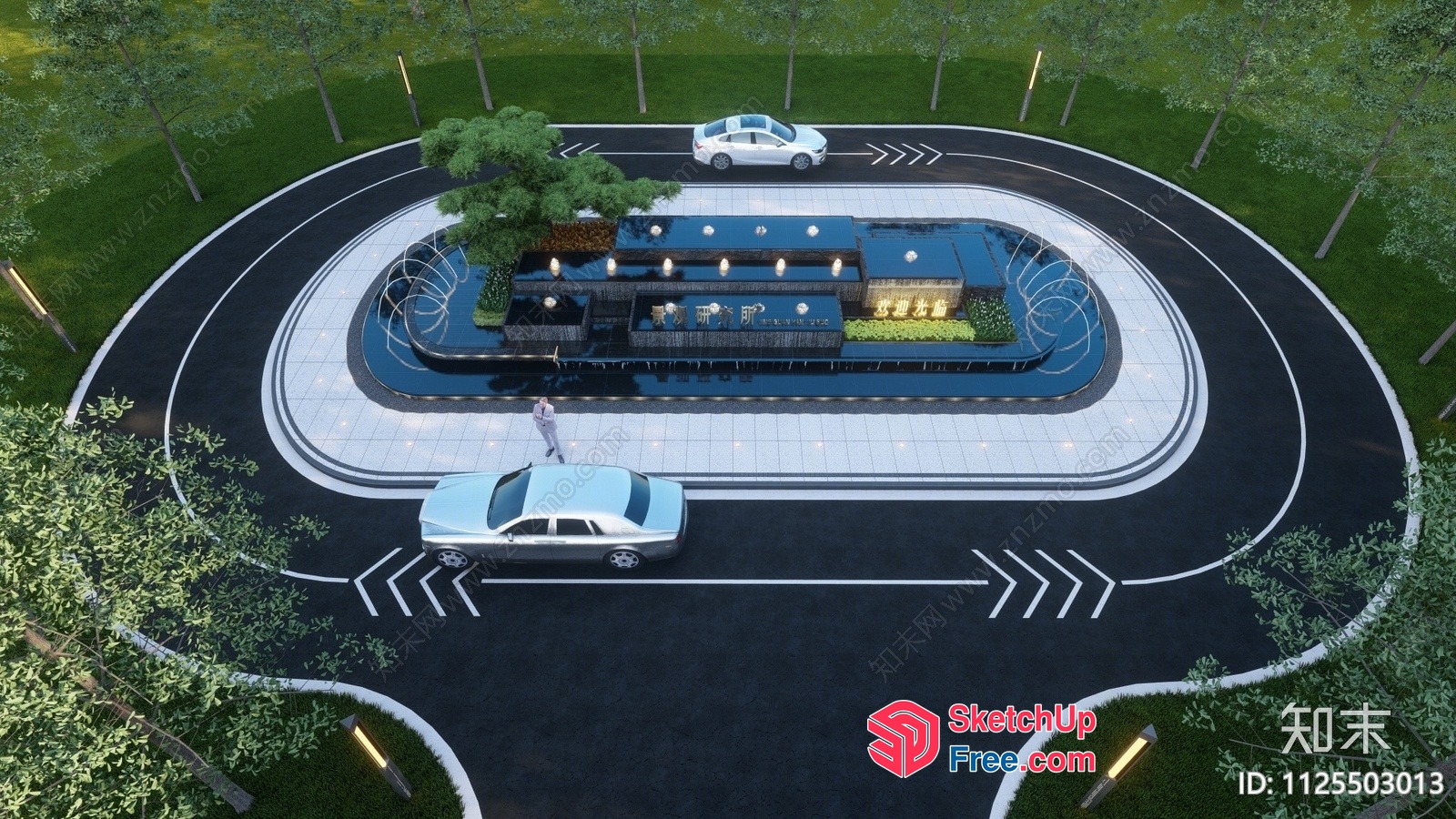 Aerial View Of A Modern Building With A Parking Lot And Cars 3D SketchUp File