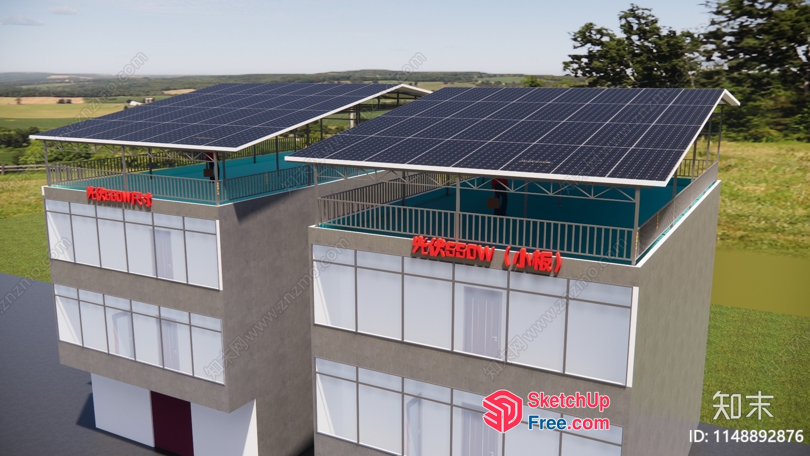 Building With Solar Panels On The Roof 3D SketchUp File