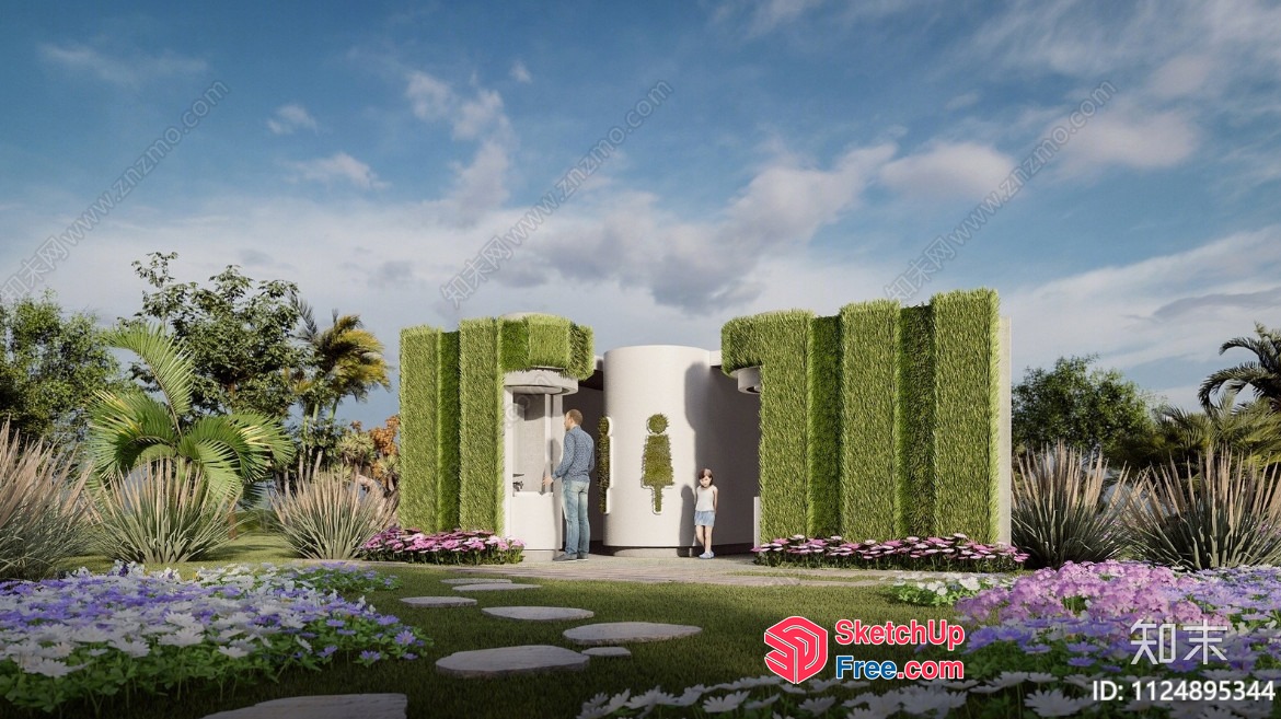 Exterior Decor With Green Wall And Pillars 3D SketchUp File