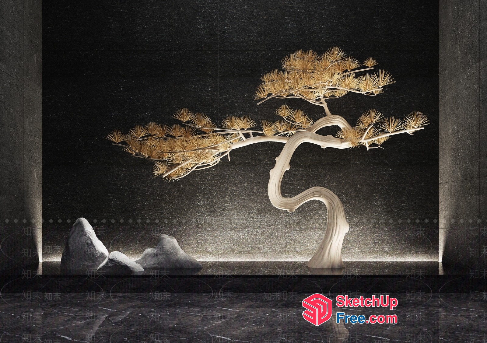 Elegant Japanese-Style Tree Sculpture With Golden Leaves 3D SketchUp File