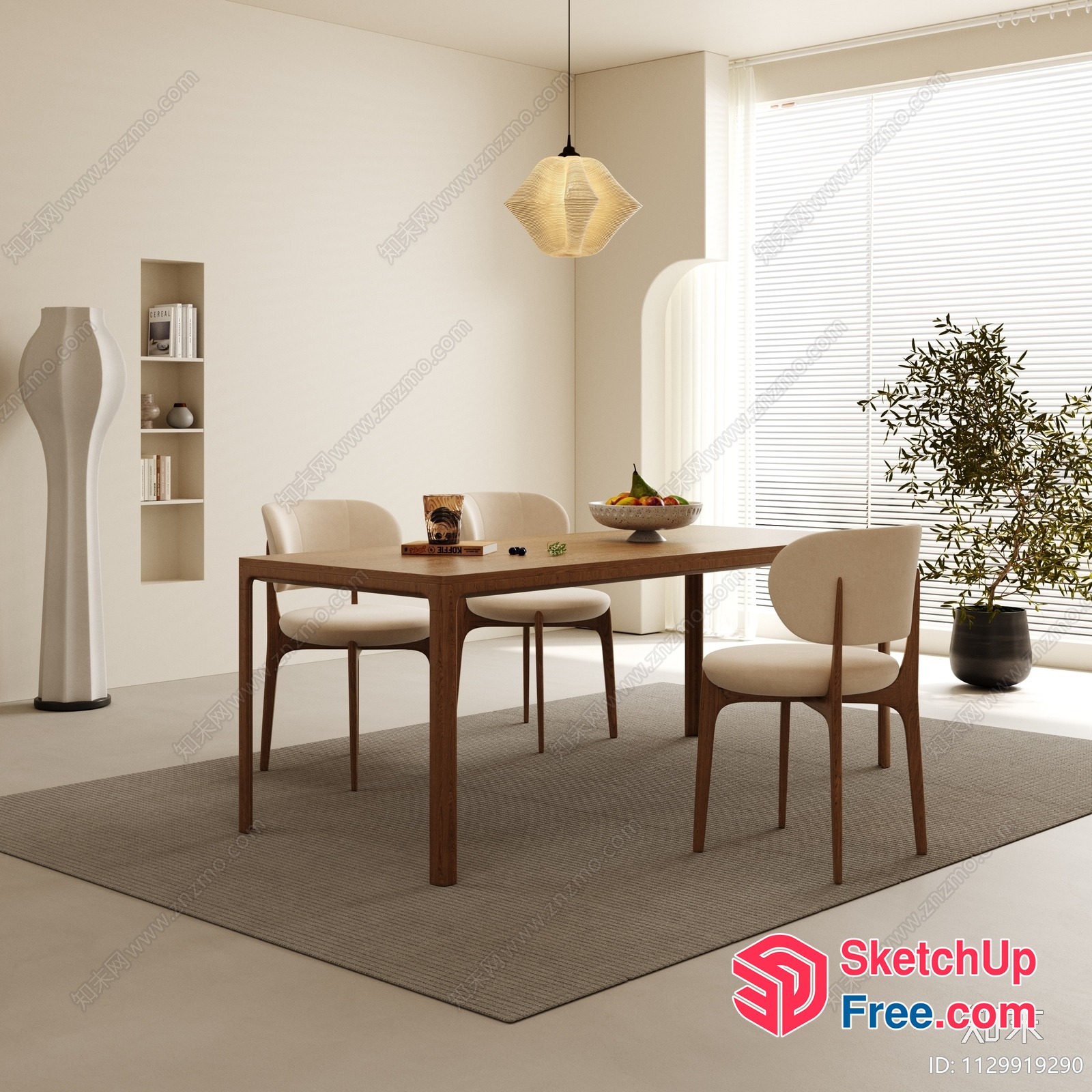 Modern Minimalist Dining Room Interior With Wooden Table And White Chairs 3D SketchUp File