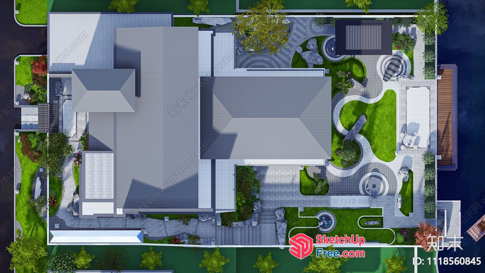 Aerial View Of A Modern Building With A Garden 3D SketchUp File
