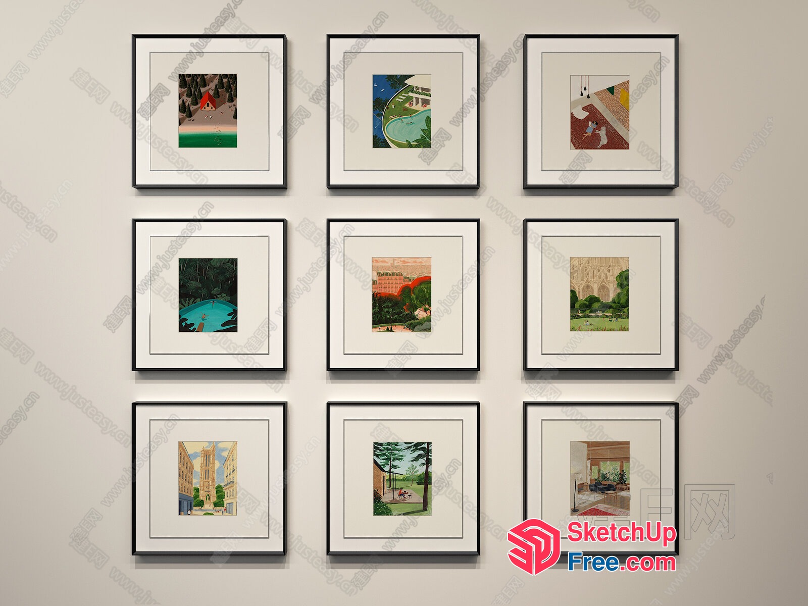 9 Framed Artworks Depicting Various Scenes 3D SketchUp File