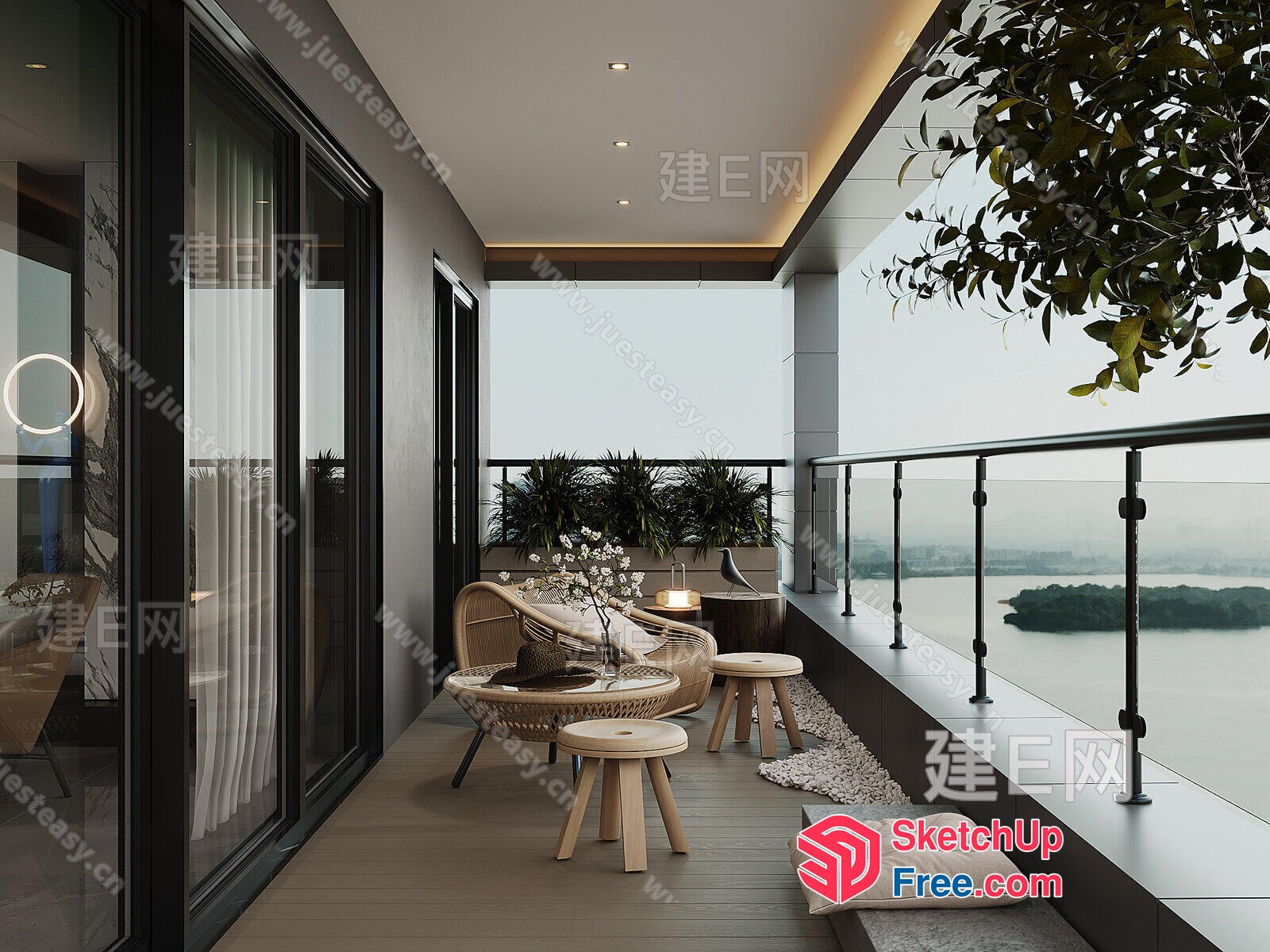 Modern Balcony With Glass Railing And Minimalist Decor 3D SketchUp File