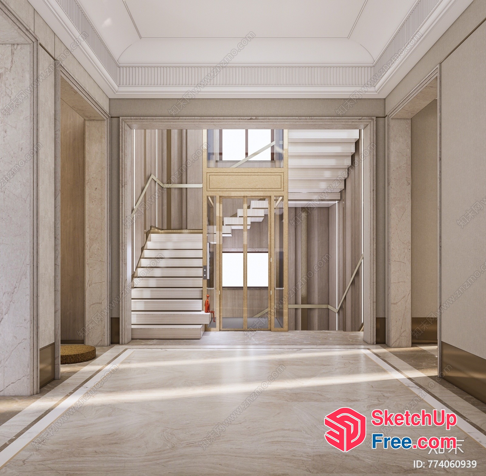 Elegant Staircase And Elevator In A Classic Style Interior 3D SketchUp File