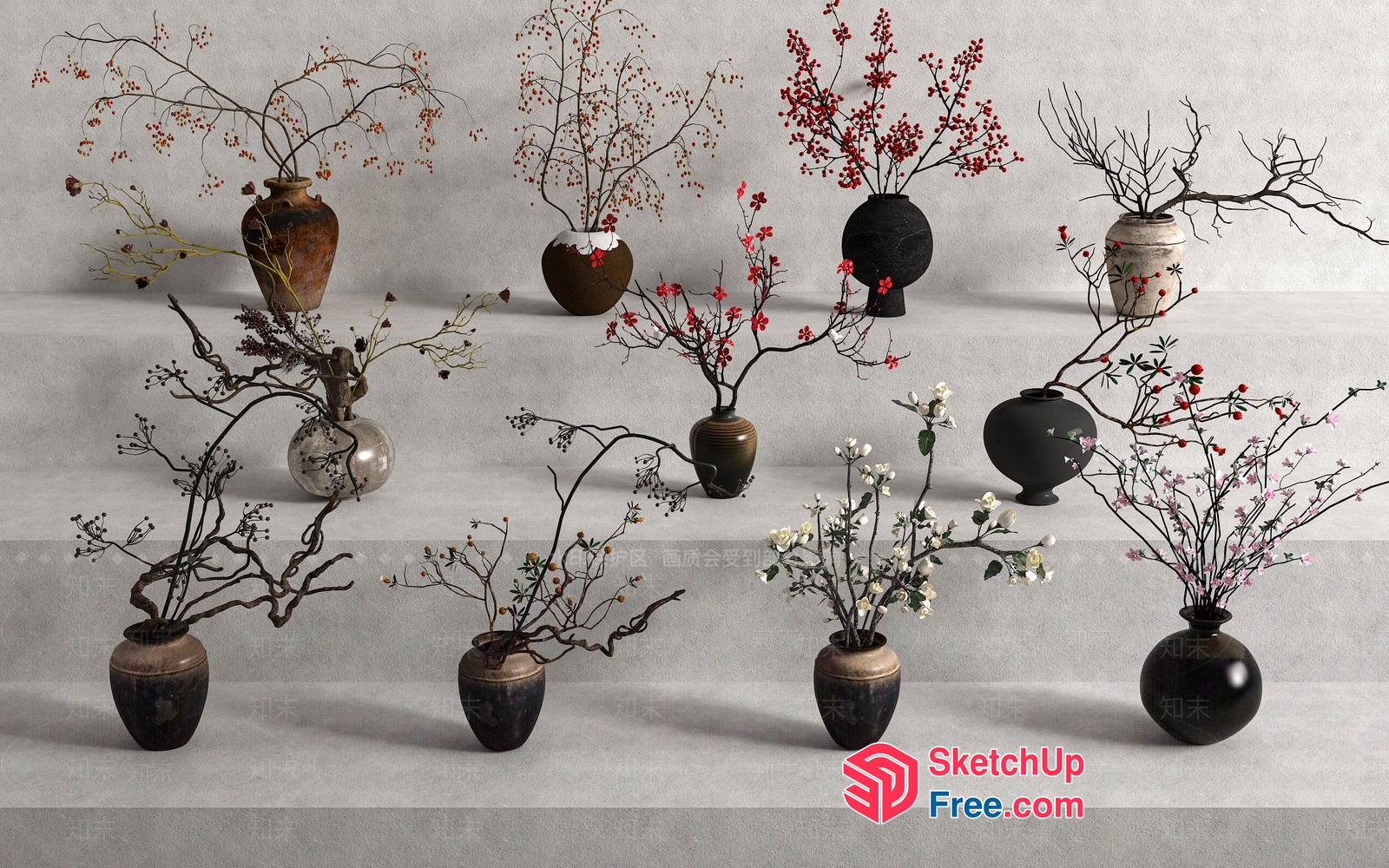 12 Japanese-Style Vases With Branches And Flowers 3D SketchUp File