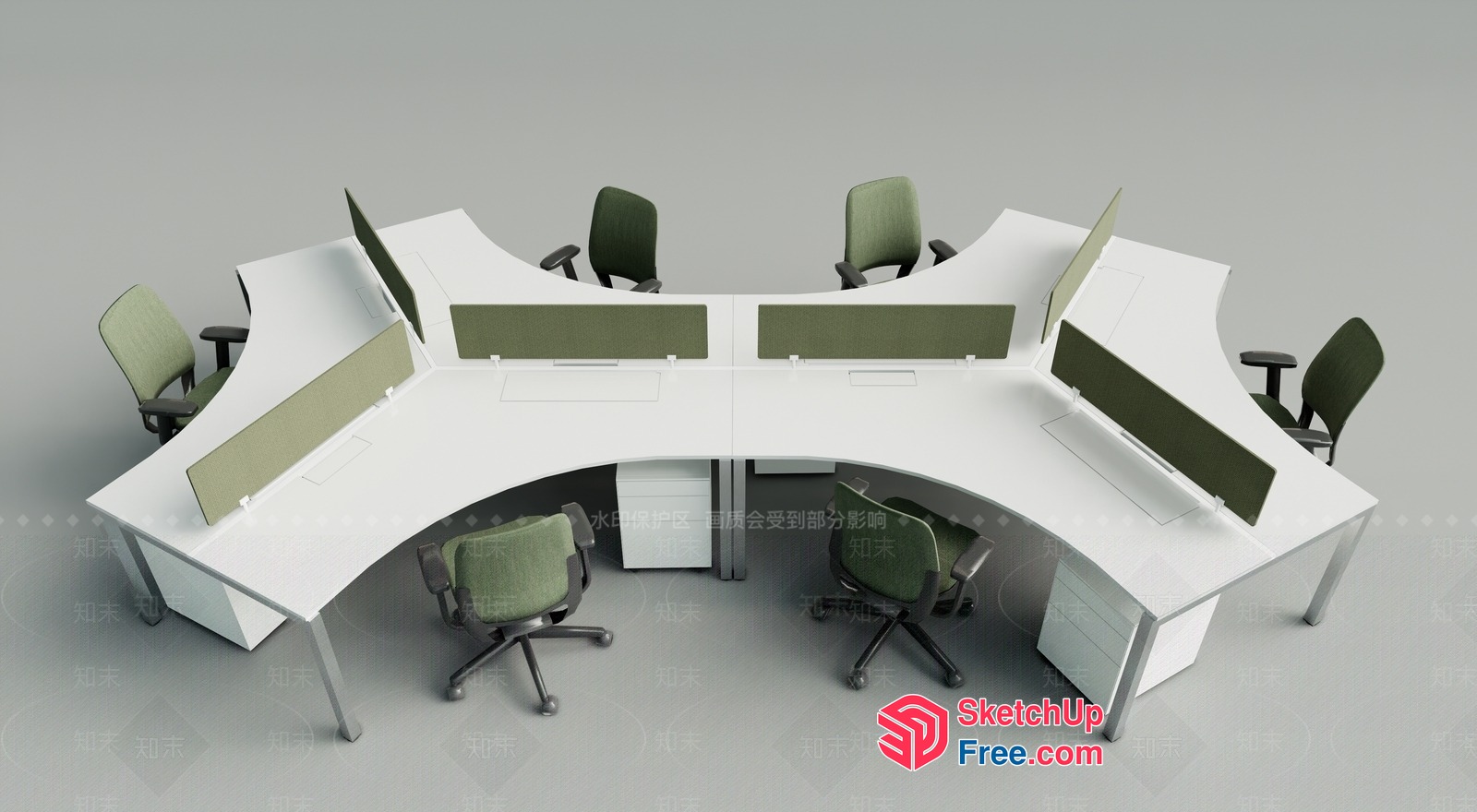 Modern Office Workstation With Green Accent Chairs 3D SketchUp File