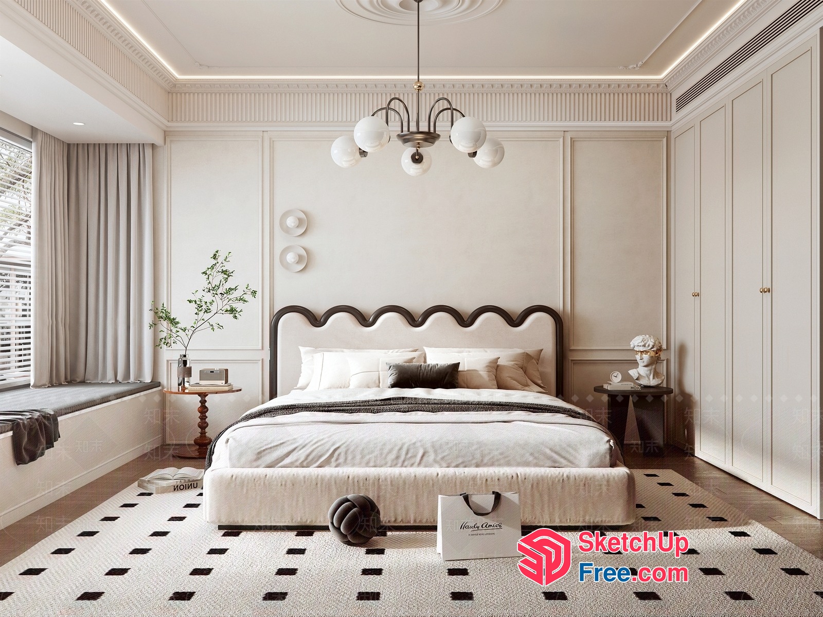 Elegant Bedroom With Creamy Style And Classic Moulding 3D SketchUp File
