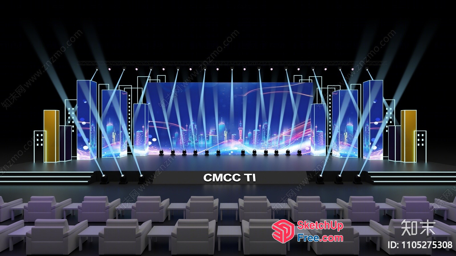 Stage With Cityscape Backdrop And White Chairs 3D SketchUp File