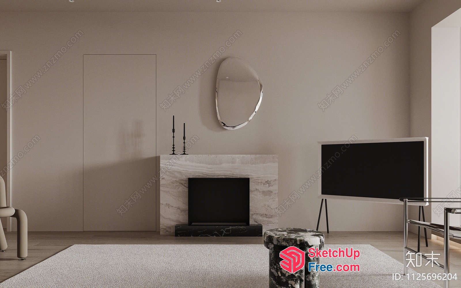 Minimalist Living Room With Fireplace And Flat Screen Tv 3D SketchUp File
