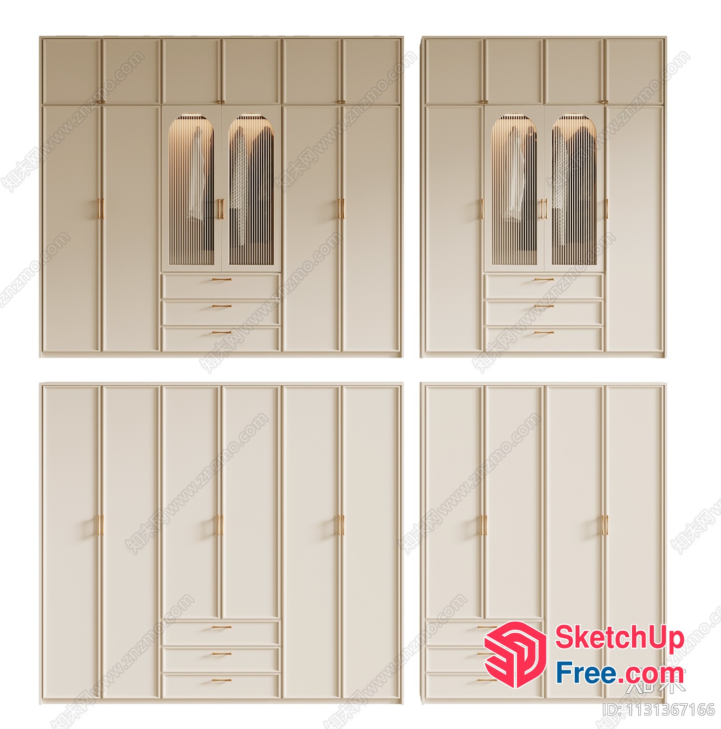 Creamy Style Wardrobes With Gold Handles 3D SketchUp File