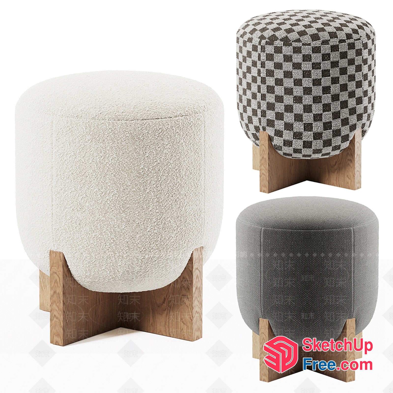 Modern Stool With Checkered Pattern And Wooden Legs 3D SketchUp File