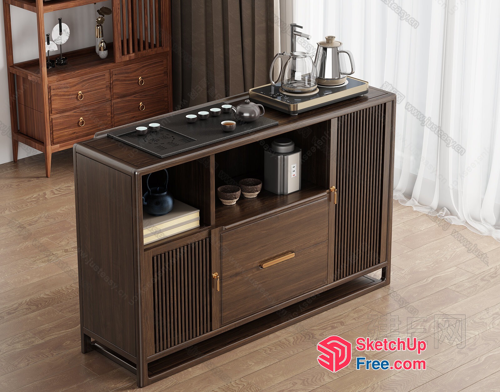 Modern Wooden Sideboard With Tea Table And Accessories 3D SketchUp File