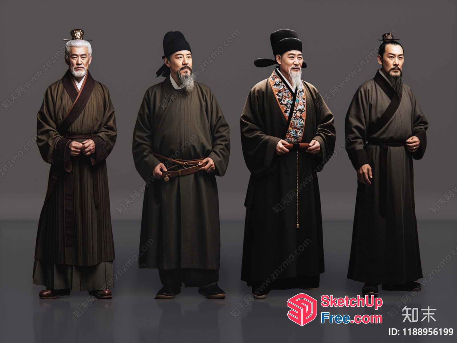 Four Men In Traditional Chinese Attire Standing In A Line 3D SketchUp File