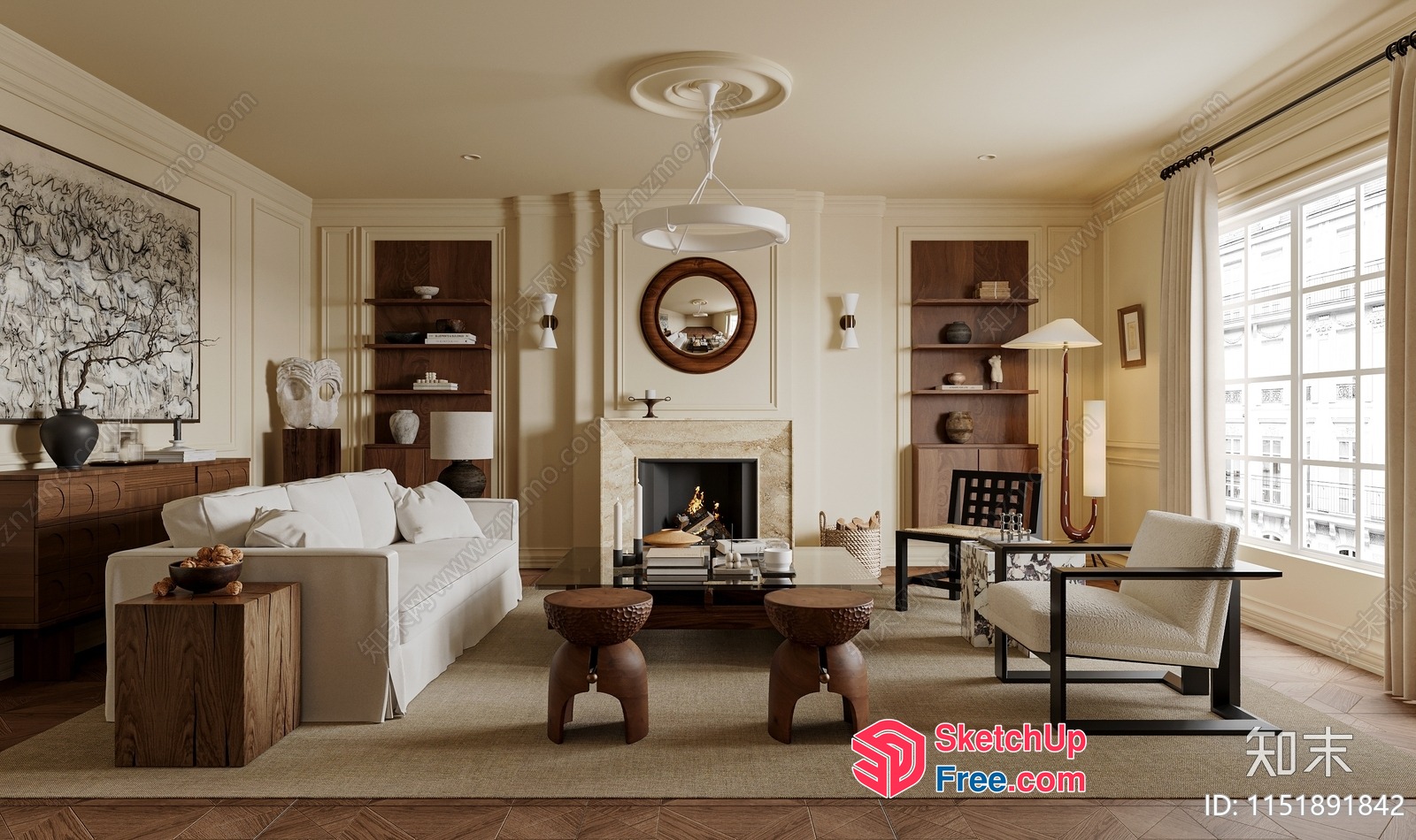 Elegant Living Room With Fireplace And Natural Light 3D SketchUp File